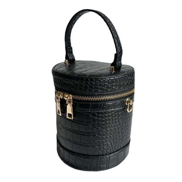 🔃Croc Embossed Black Cylinder Top Handle Crossbody Bucket Bag - Picture 2 of 10